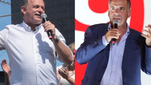 Álvaro Delgado, candidato presidente de Uruguay del Partido Nacional y Yamandú Orsi, postulante del Frente Amplio y líder en las encuestas. Foto: EFE/Gastón Britos 