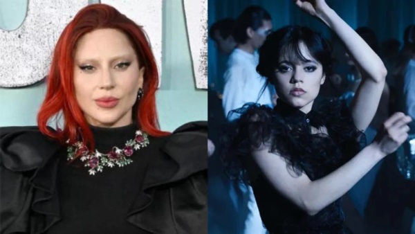 Lady Gaga con pelo rojo y Jenna Ortega en su caracterización de "Wednesday".
