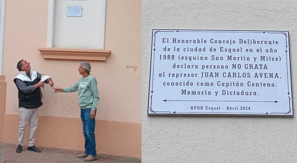 Fernández, Díaz y la placa que recuerda un hecho histórico de Esquel.