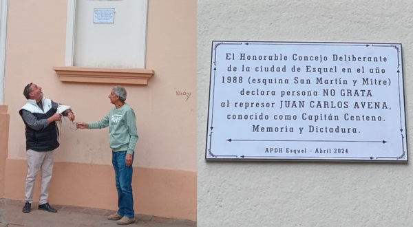 Fernández, Díaz y la placa que recuerda un hecho histórico de Esquel.