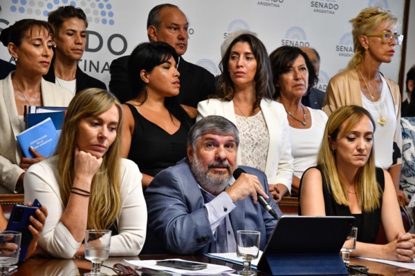 Juliana Di Tullio, José Mayans y Anabel Fernández Sagasti, al frente de la conferencia.