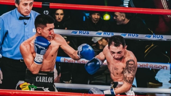 Carlos Rodríguez Ramos conectando a la cabeza del campeón Maidana. (Foto gentileza: (Foto gentileza: Gustavo Marinkovich).
