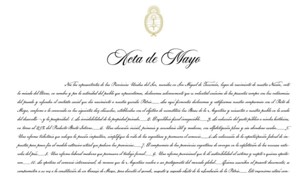 El Acta de Mayo, en tipografía ilegible y con apelaciones místicas.