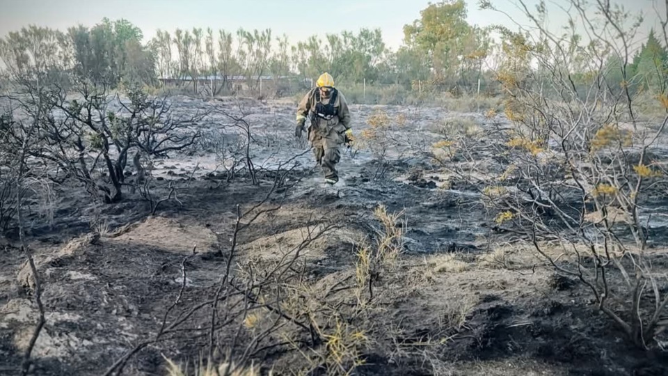 Un bombero camina sobre la zona incendiada.