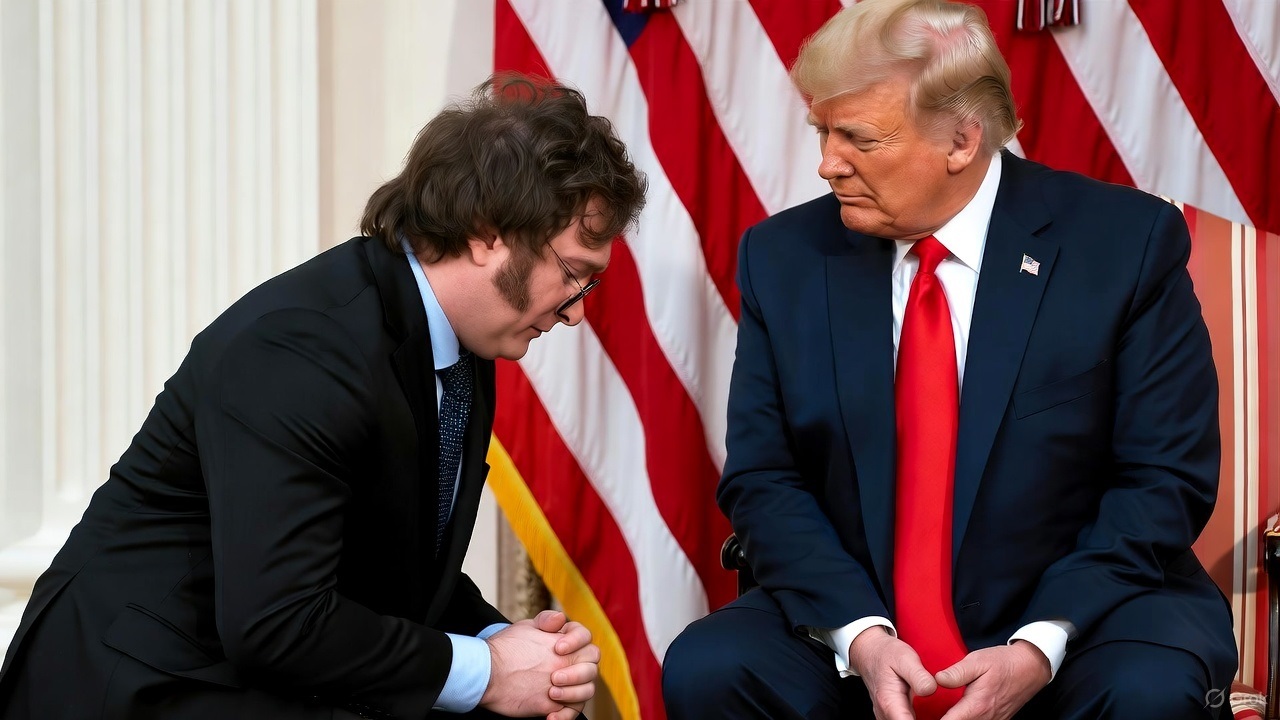 El "león" Milei rendido a los pies de Trump. (Imagen: Grok)