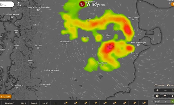 Área de actividad eléctrica para este jueves a la noche. (Windy.com)