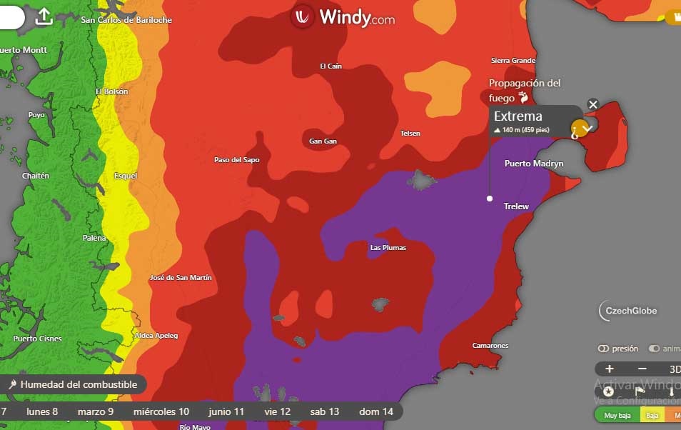 En violeta, las zonas con índices de incendios extremos.