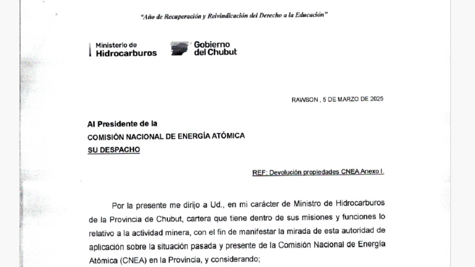 Facsímil de la nota de Chubut a la CNEA.