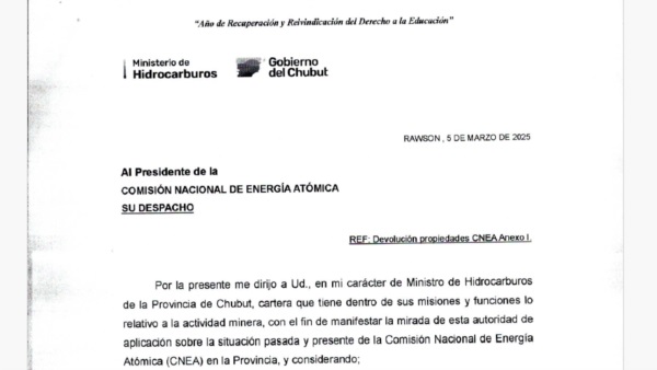 Facsímil de la nota de Chubut a la CNEA.
