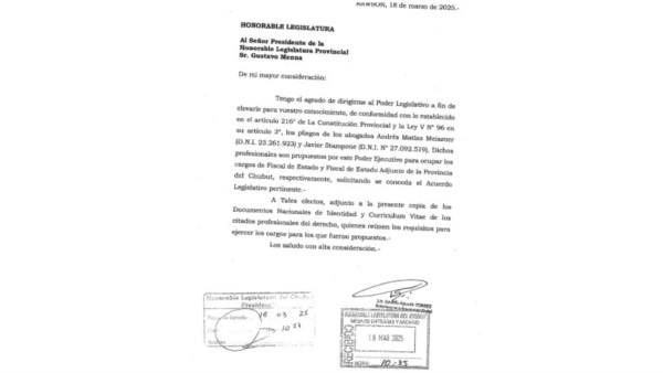 Ingreso de pliegos de Meiszner y Stampone a la Legislatura 