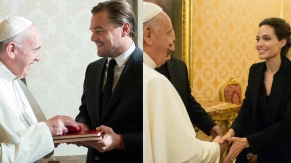 El papa Francisco con Leonardo Di Caprio y Angelina Jolie.
