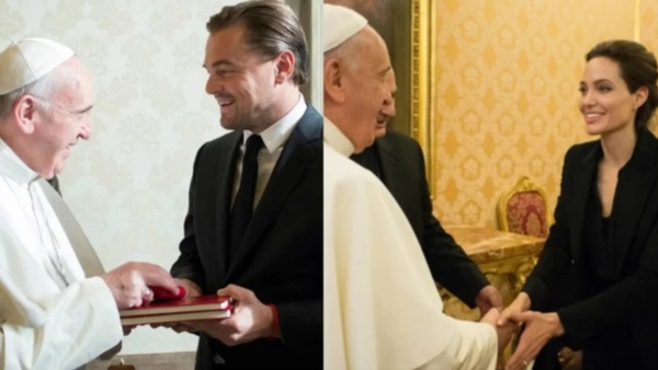 El papa Francisco con Leonardo Di Caprio y Angelina Jolie.