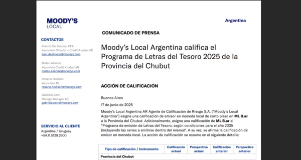 Facsímil del informe de Moody's sobres las Letras de Chubut.