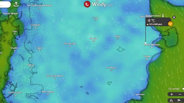 Prácticamente, toda la provincia de Chubut estará afectada por la ola de frío. (Windy.com)