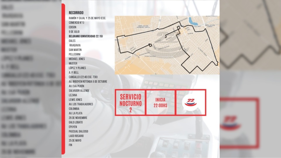 Recorrido del servicio nocturno 2 - Transporte El 22