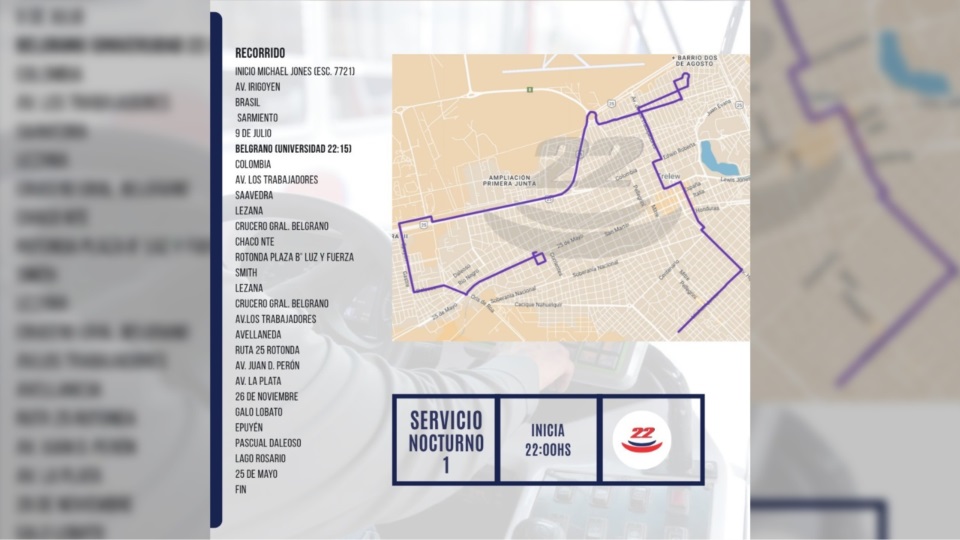 Recorrido del servicio nocturno 1 - Transporte El 22