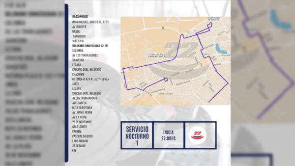 Recorrido del servicio nocturno 1 - Transporte El 22