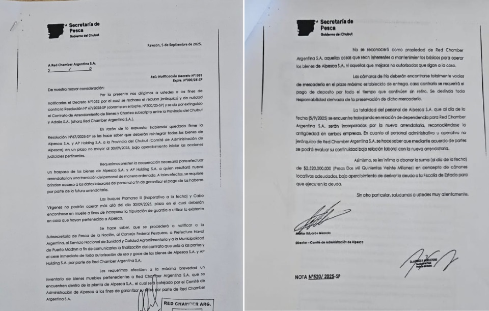 Facsímil. La nota de la Secretaría de Pesca a la empresa.