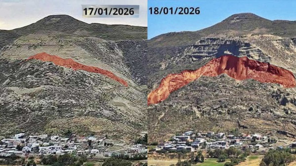 Ante y después. En rojo se puede apreciar la masa de tierra desplazada del cerro Hermitte.  