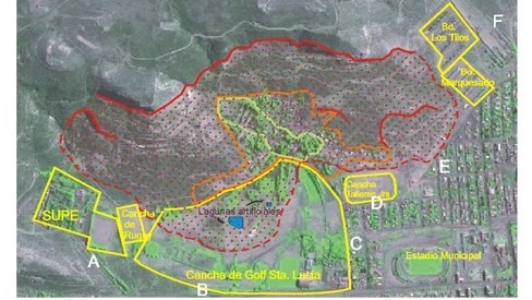 Imagen satelital detallada del Barrio Sismográfico, con las recomendaciones para el lugar.