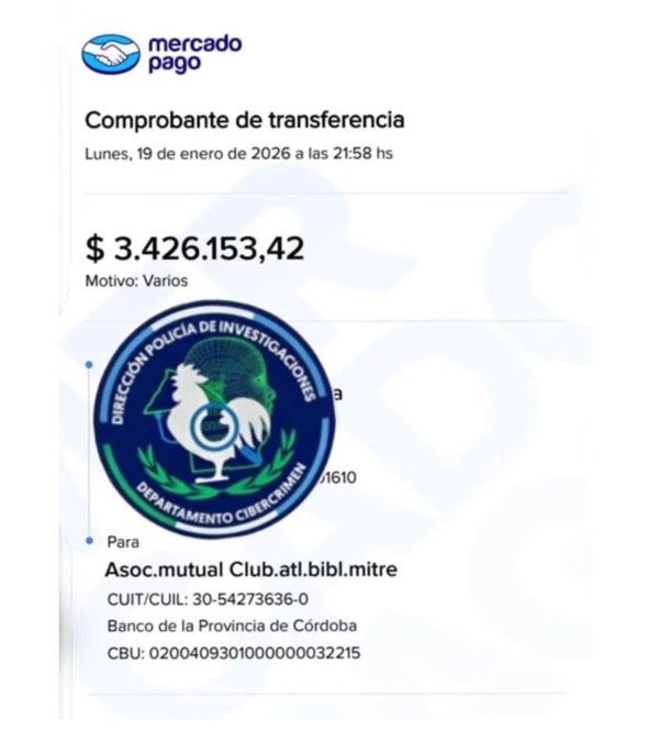 El monto de dinero que se envió correctamente a la biblioteca de Córdoba, luego de subsanado el error de la remitente (Policía de Chaco)