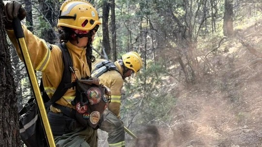 Brigadista trabajando a pleno en medio de uno de los montes amenazados por las llamas.