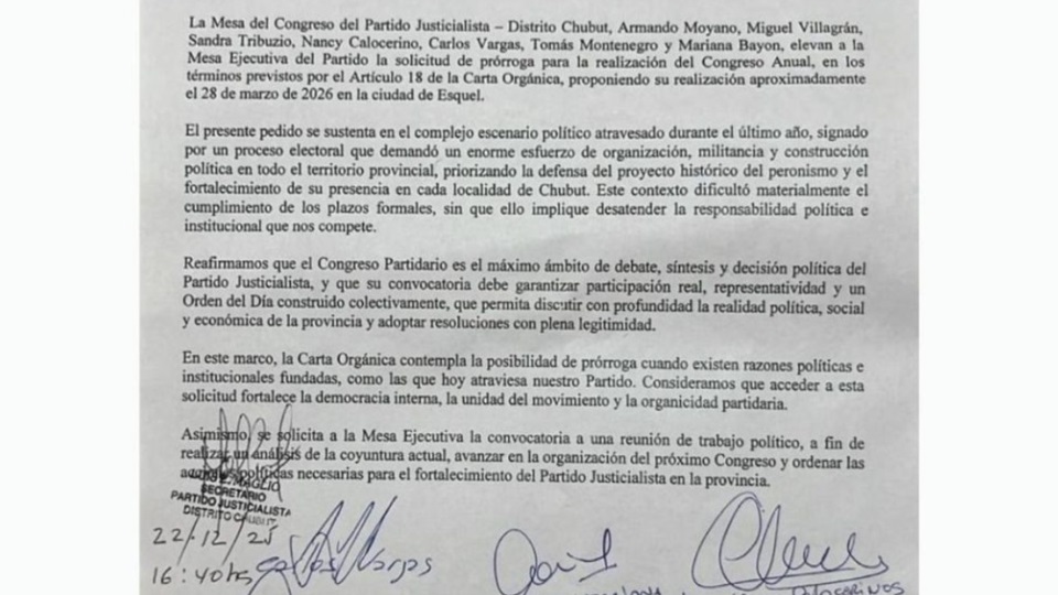 Nota elevada por las autoridades del Congreso del PJ.