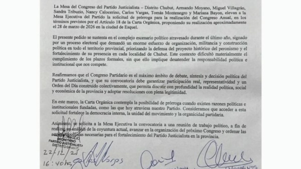 Nota elevada por las autoridades del Congreso del PJ.