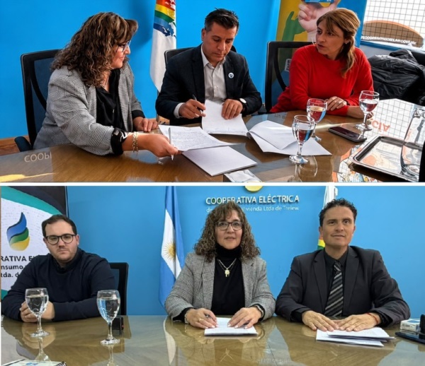 Luna firmando convenios impracticables con Ball y Schiavone, de la UNPSJB.
