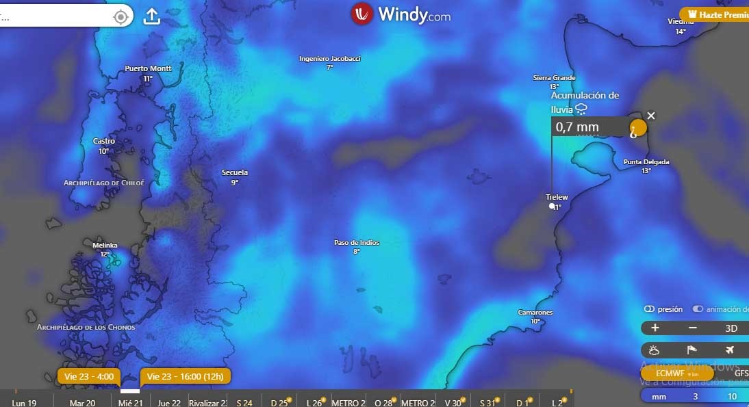 Acumulación de agua caída para este martes en Chubut. (Windy.com)