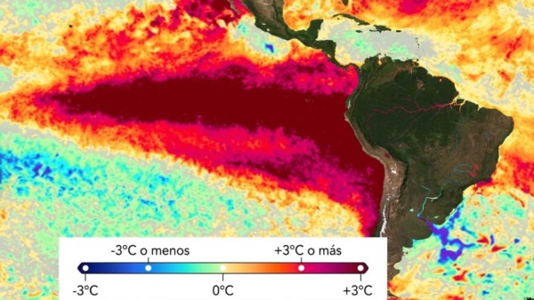 La cara del monstruo. En rojo, la corriente cálida de El Niño golpeando la costa del Pacífico en Sudamérica.