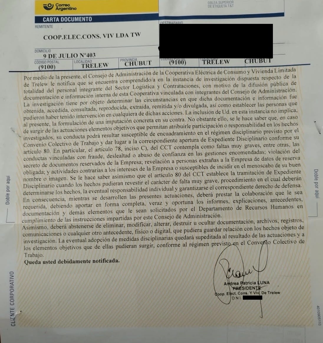 La Carta Documento de Luna a una empleada de la Cooperativa.