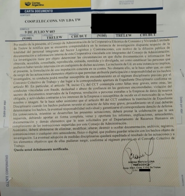 La Carta Documento de Luna a una empleada de la Cooperativa.