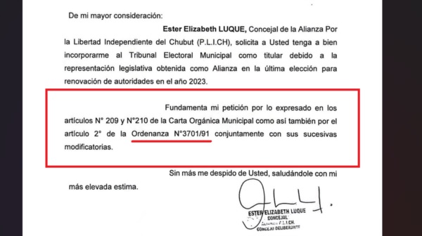 Confusión. Facsímil de la nota de Luque al Concejo.