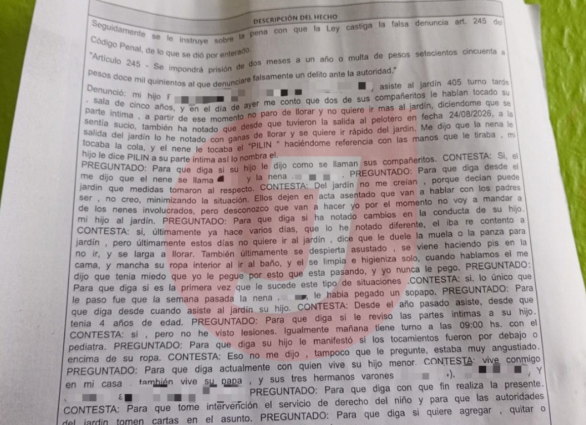 Denuncia realizada por la madre del menor en la Comisaría de la Mujer | Trelew.