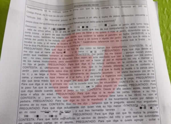 Denuncia realizada por la madre del menor en la Comisaría de la Mujer | Trelew.