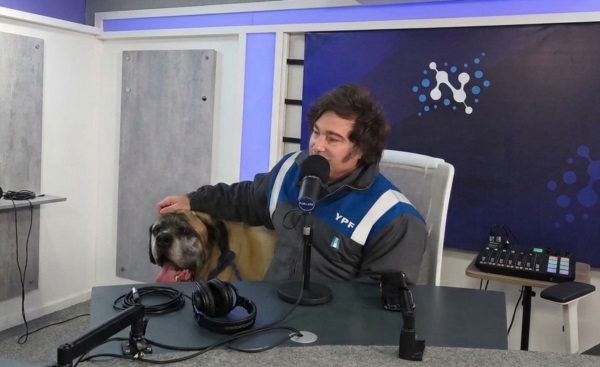 Milei en un streaming amigable, junto a uno de sus "hijos de cuatro patas" y el mameluco de YPF.