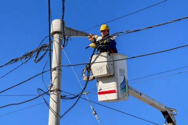 Un trabajador de la Cooperativa de Trelew en las alturas. 