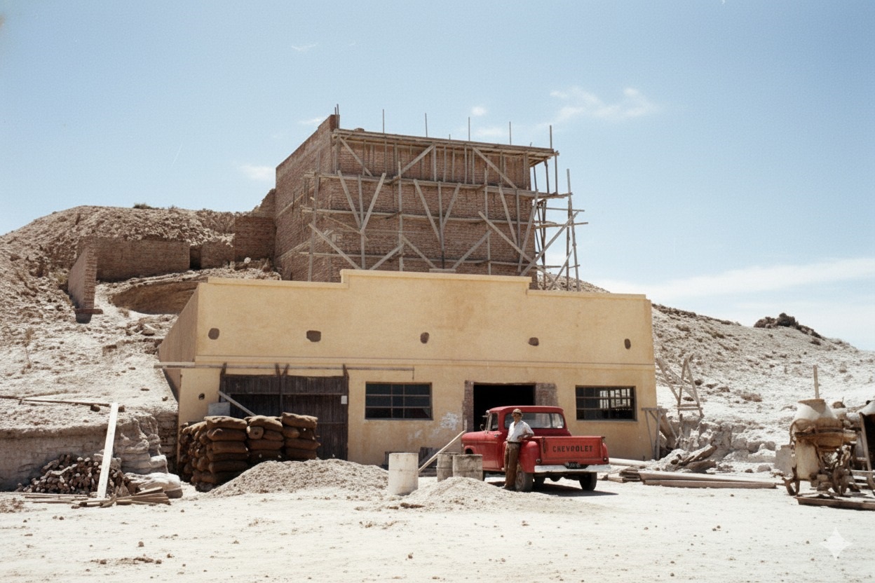 Construcción de la Calera "La Alicia" de Trelew en 1961. Su creador Jorge Luis Marzullo. (Imagen llevada a color con IA)