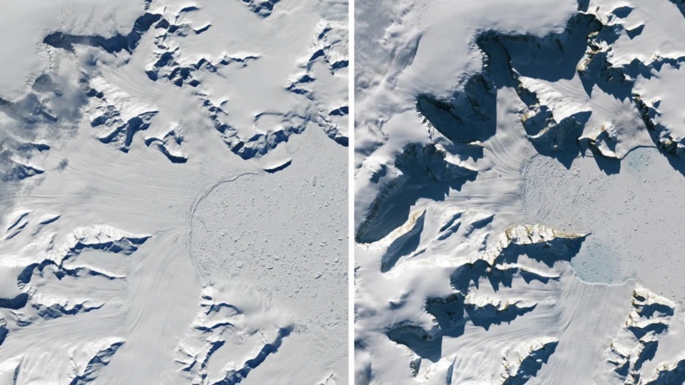 El retroceso del glaciar Hektoria; las dos imágenes contrastan la situación en 2022 y 2024. Foto: Agencia NA (NASA)