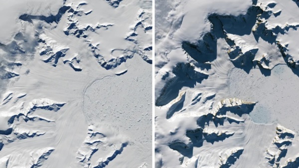 El retroceso del glaciar Hektoria; las dos imágenes contrastan la situación en 2022 y 2024. Foto: Agencia NA (NASA)