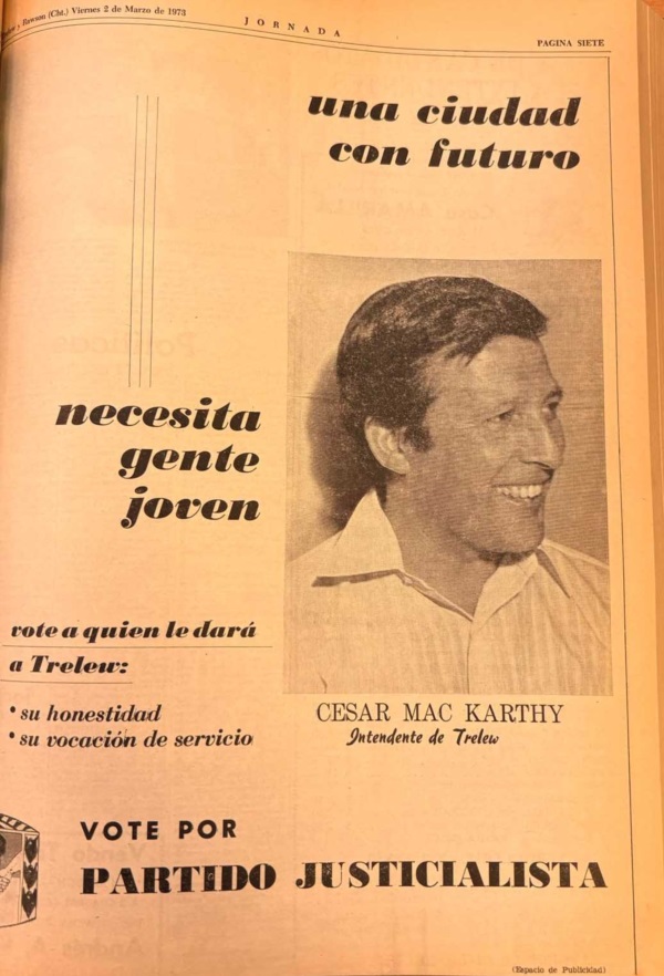 Jornada reflejaba así la candidatura de Mac Karthy a intendente de Trelew en marzo de 1973.