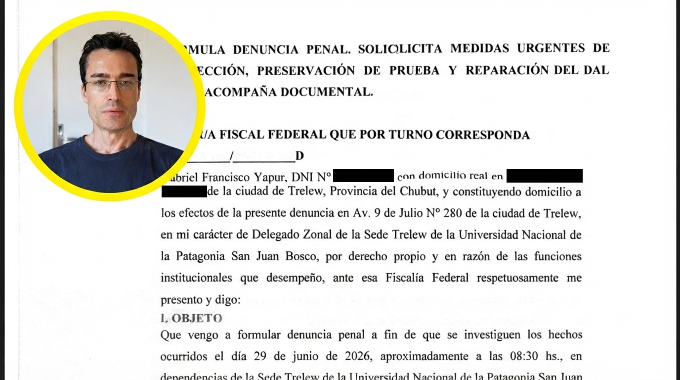 Facsímil de la denuncia del delegado local de la UNPSJB ante la Justicia Federal.