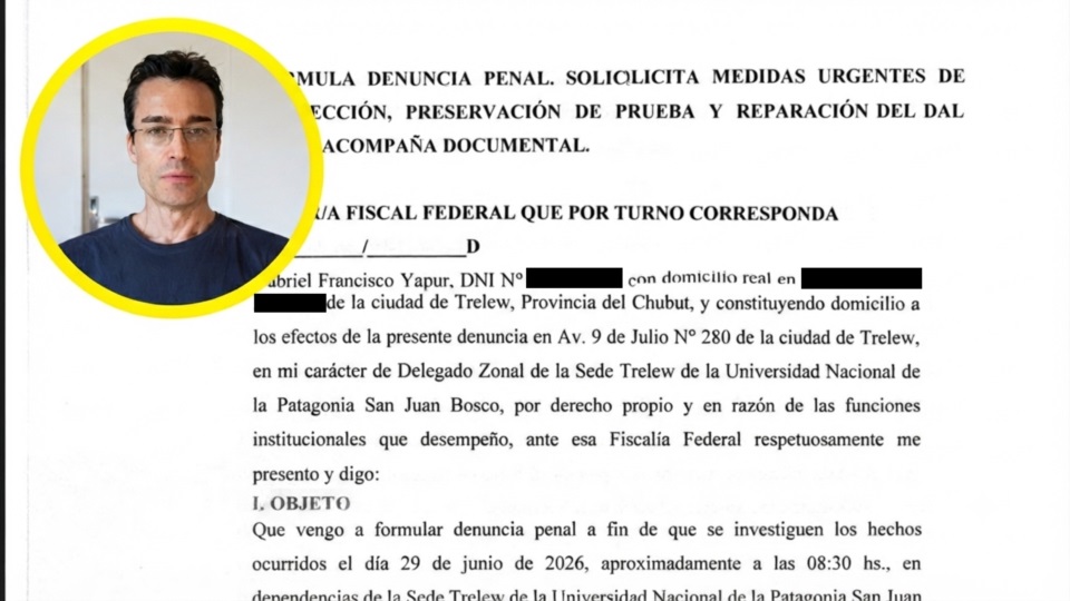 Facsímil de la denuncia del delegado local de la UNPSJB ante la Justicia Federal.