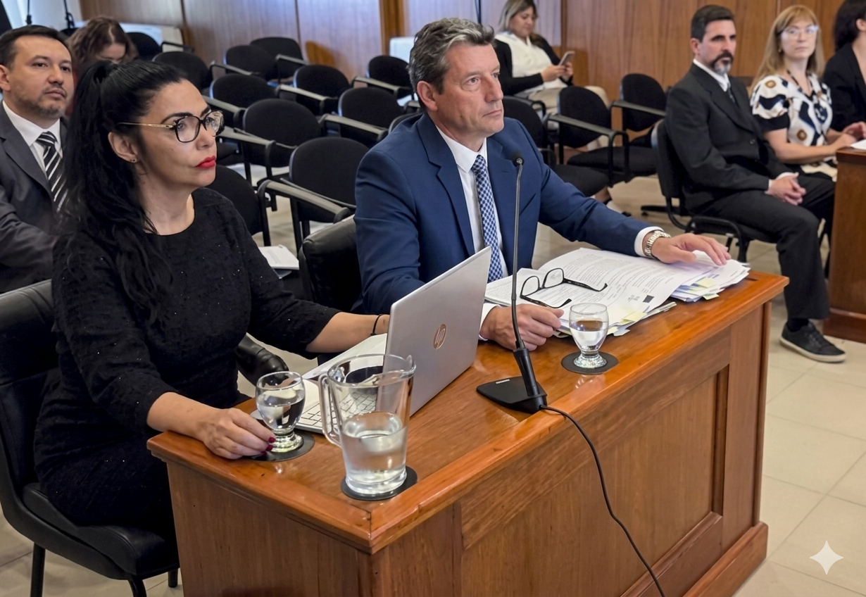 Mariel Suárez junto a su defensor, Jorge Benesperi.