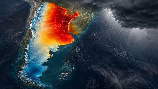 El mapa de calor, con las zonas en donde pegaría El Niño en Argentina. Foto: Agencia NA (IA).