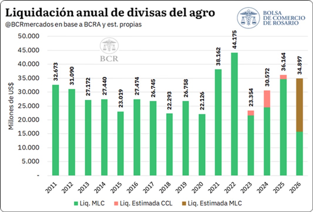 Para la BCR la liquidación de divisas del agro en 2026 sería menor a la del año pasado.