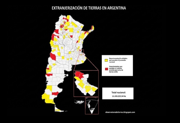 El mapa de la extranjerización de tierras en Argentina, elaborado por el Observatorio de Tierras.