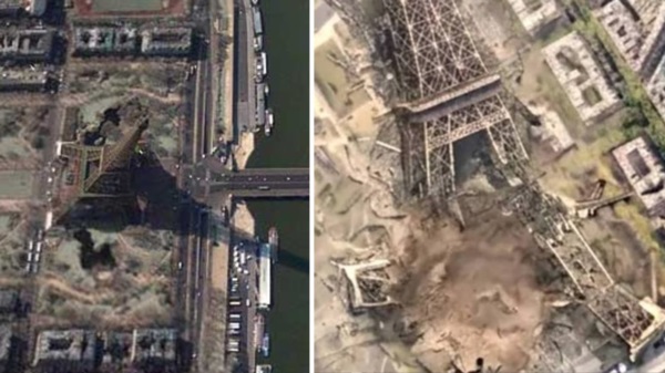 Una imagen generada con IA mostró a la Torre Eiffel derrumbada. Foto: Agencia NA (Google Earth).
