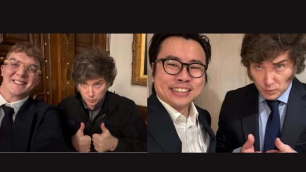 El presidente Javer Milei junto a hayden Davis y (alias) Julian Peh, dos involucrados en el escandaloso caso.
